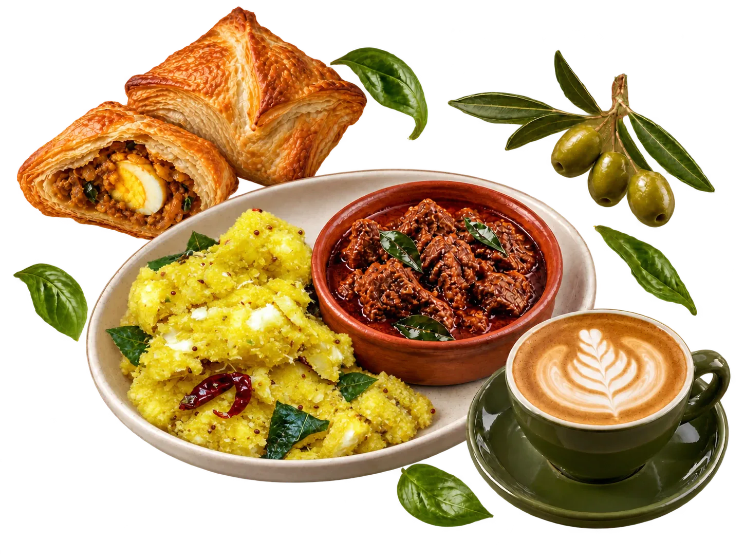 Illustrative whole and half egg puffs, kappa with beef curry, and coffee with fresh green leaves and an olive branch